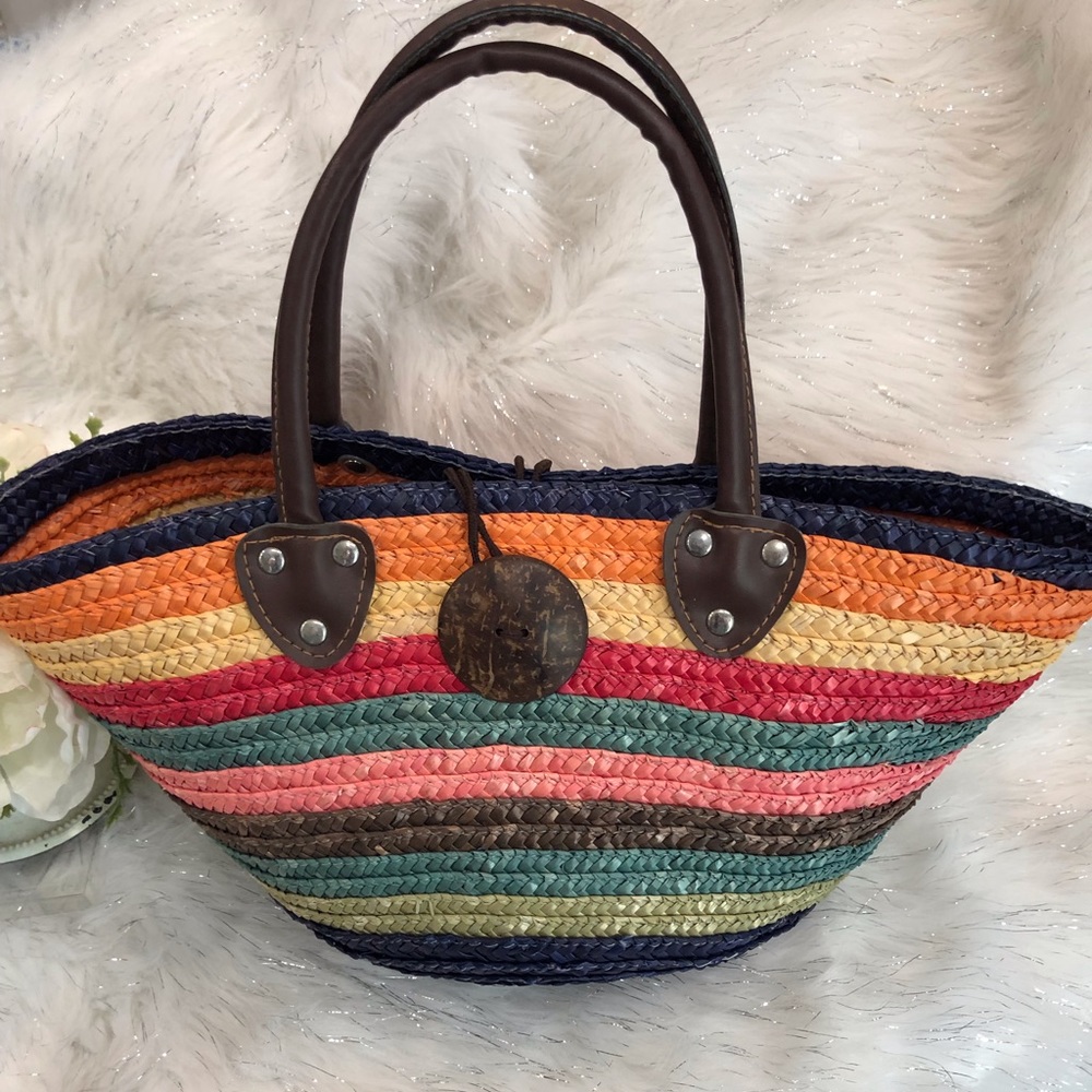 Cute rainbow stripe woven paper shoulder bag